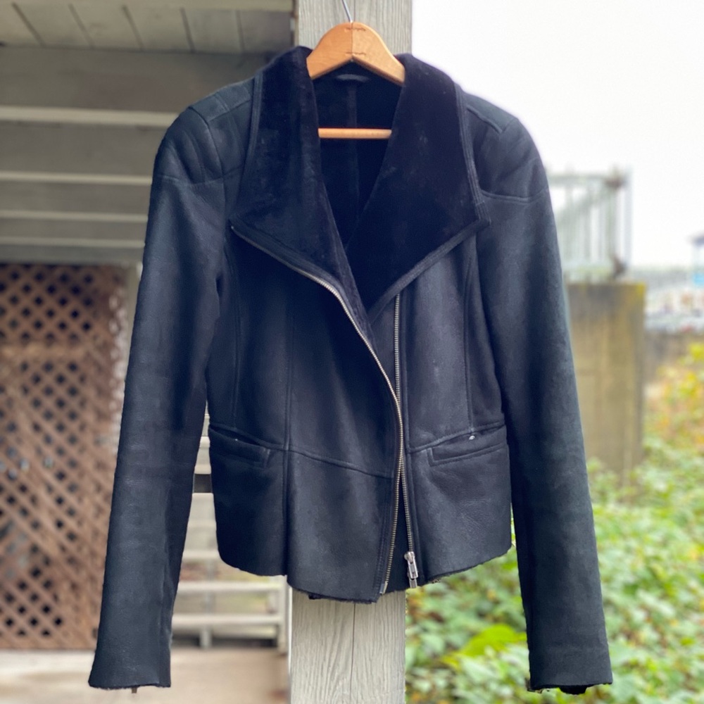 Womens Closed Asymmetric Zip Black Shearling Leather Jacket M Medium Turkey